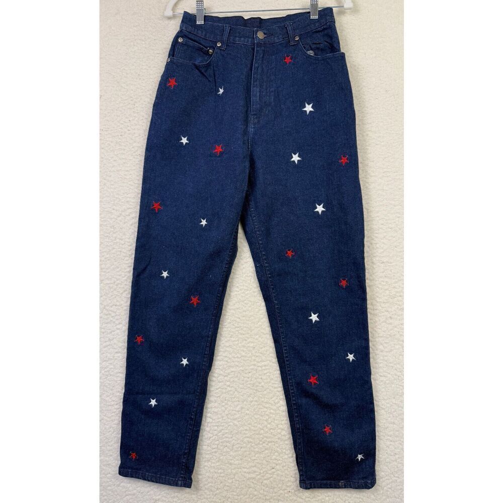 Quacker Factory Jeans Womens Dark Blue‎ Red White Stars Mom Denim Size 10
